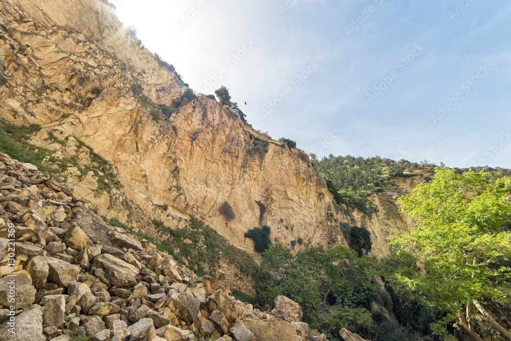 Fisheye view on Avakas Gorge with steep rocks and huge boulders. Akamas peninsula, Cyprus.