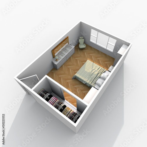 3d interior rendering of furnished bedroom with wardrobe and brown floor