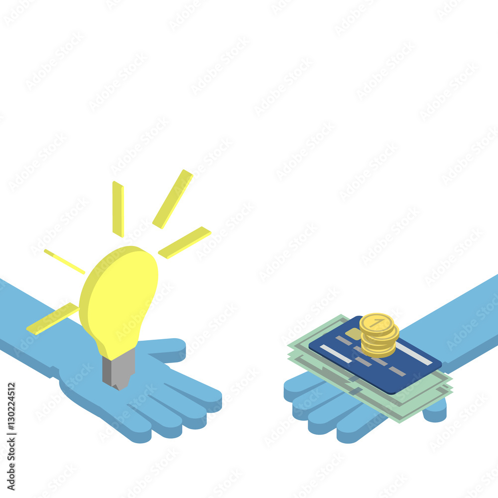 Obraz premium The concept of mutually beneficial exchange. Hand gives an idea. Vector isometric