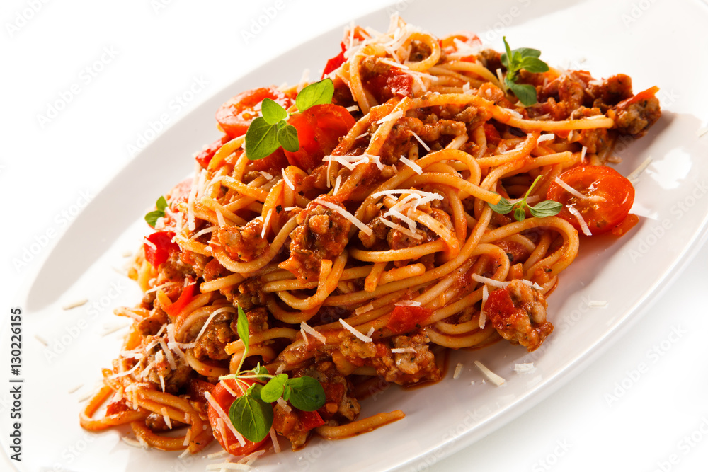 Pasta with meat, tomato sauce and vegetables Pasta with meat, tomato sauce and vegetables
