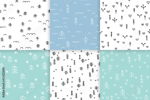 Set scandinavian seamless pattern of Christmas tree vector hand-drawing graphics.