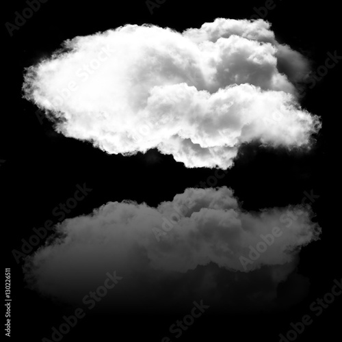 Single white fluffy cloud and its reflection isolated over black
