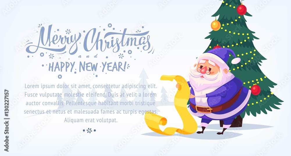Cute cartoon blue suit Santa Claus reading gift list Merry Christmas vector illustration Greeting card poster horizontal banner