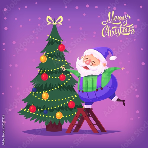 Cute cartoon blue suit Santa Claus decorating Christmas tree Merry Christmas vector illustration Greeting card poster © painterr