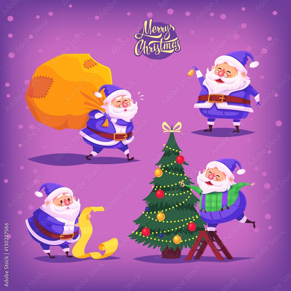 Collection of cartoon vector blue suit Santa Claus icons. Christmas illustration