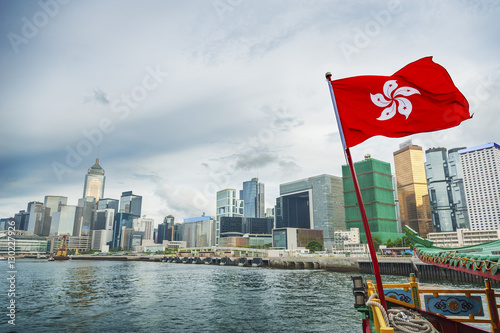 Hong Kong Flag with skyscraper background