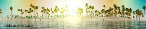 Beach with palm trees over the water. Sea sunset.