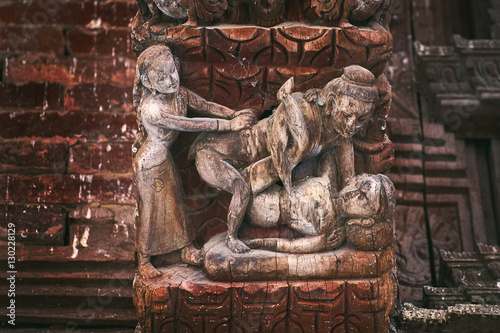 Erotic kamasutra carvings on the roof of Jagannath Temple on Durbar square in Kathmandu
