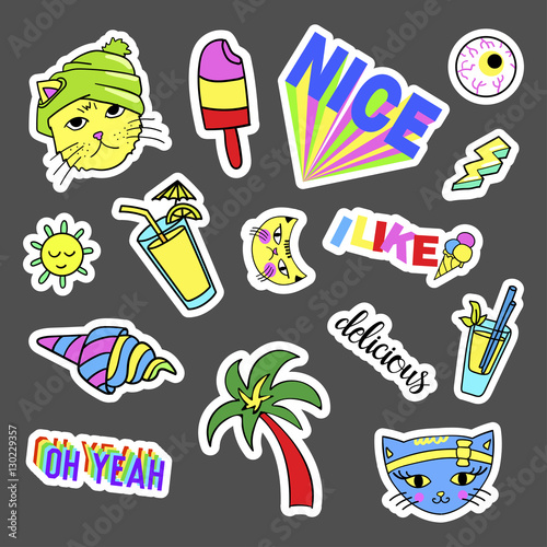 Fashion quirky cartoon doodle patch badges with cute elements. Set of stickers in comic style 80s 90s. Cats, palm, ice-cream, coctail. Eps 10