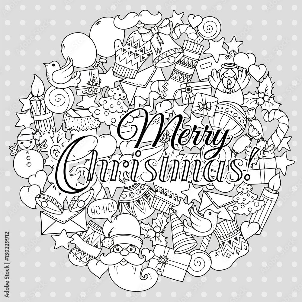 Merry christmas set of xmas monochrome pattern and text templates. Holiday greeting cards, coloring book page.