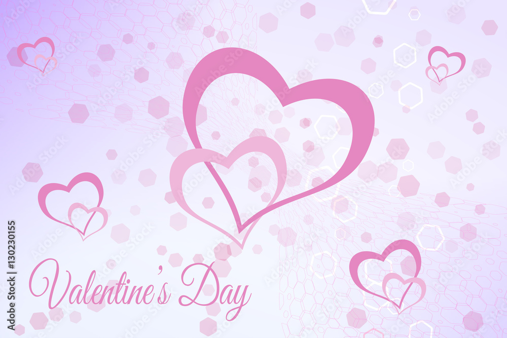 Vector illustration of the Valentine's Day pink background with hexagon patterns and heart objects.