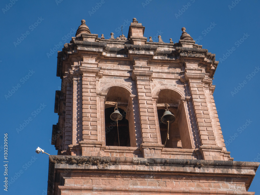 Detail of the bell tower of the historic church of San Pedro in Cusco, Peru