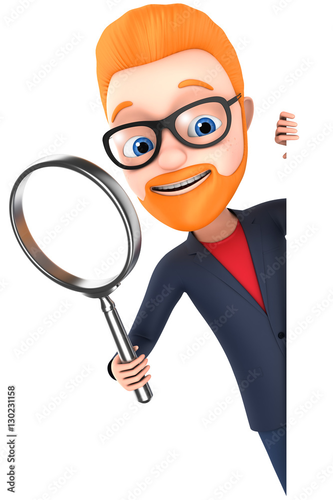 Cheerful businessman with a magnifying glass. 3d render illustra Cheerful businessman with a magnifying glass. 3d render illustra