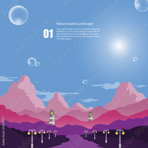 stock vector mystery purple forest with lighthouse and bubble in the sky