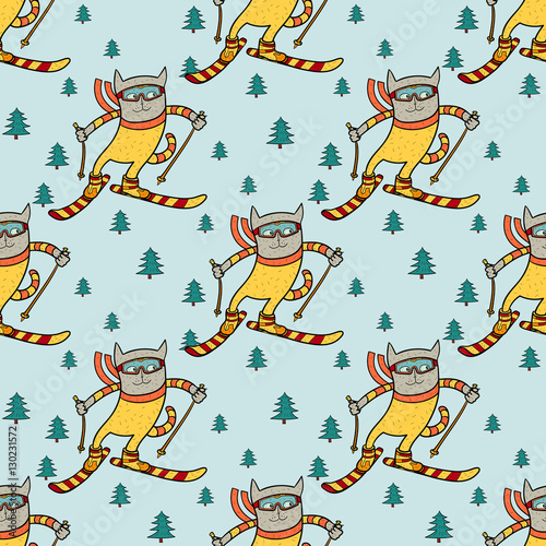 Cat skiing in the forest. Winter sport pattern