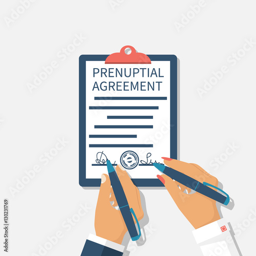 Man and woman sign prenuptial agreement photo