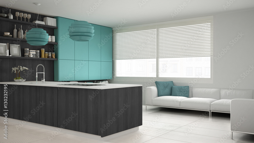 Minimalistic gray kitchen with wooden and turquoise details, min Stock ...