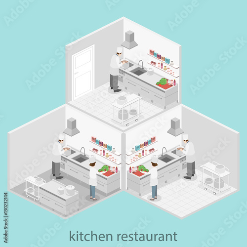 Isometric flat 3D interior of professional restaurant kitchen