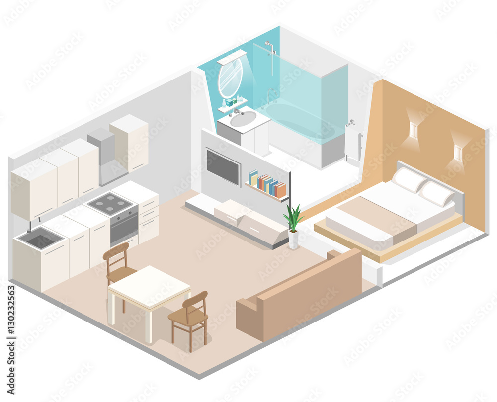 Isometric flat 3D concept vector interior of studio apartments