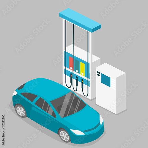 Isometric flat 3D vector outside Gas station, petrol station