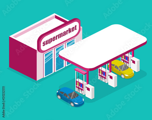 Isometric flat 3D vector outside Gas station, petrol station