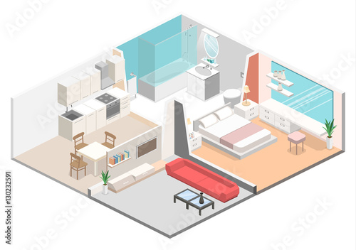 Isometric flat 3D concept vector interior of studio apartments