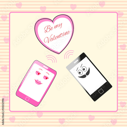 Couple of pink female and black male smartphone characters sending each other a wireless message Be my Valentine into heart shape.