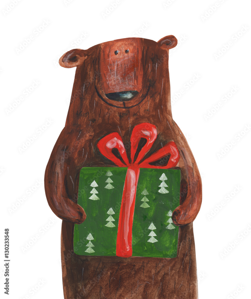 Fototapeta premium Bear with gift with hearts. Hand drawing illustration