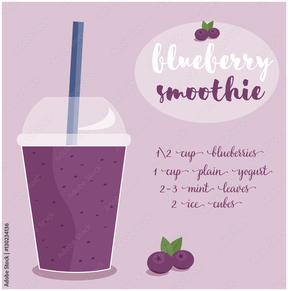 Vector illustration of Blueberry Smoothie recipe with ingredients. Template for restaurant or cafe menu.