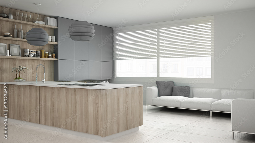 Fototapeta premium Minimalistic white kitchen with wooden and gray details, minimal