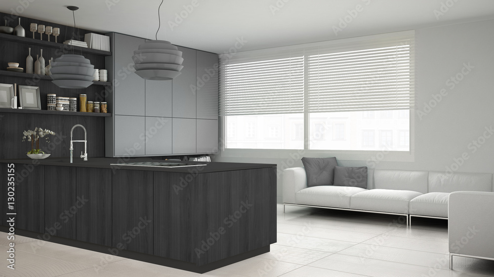 Minimalistic gray kitchen with wooden and gray details, minimal Minimalistic gray kitchen with wooden and gray details, minimal
