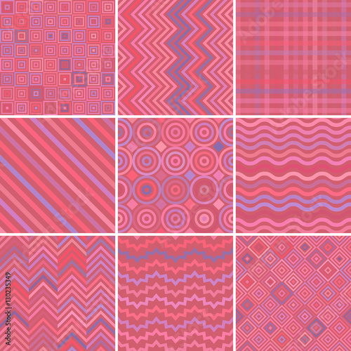 Set of abstract pink background, 9 geometric pattern, vector illustration. Texture can be used for printing onto fabric and paper.