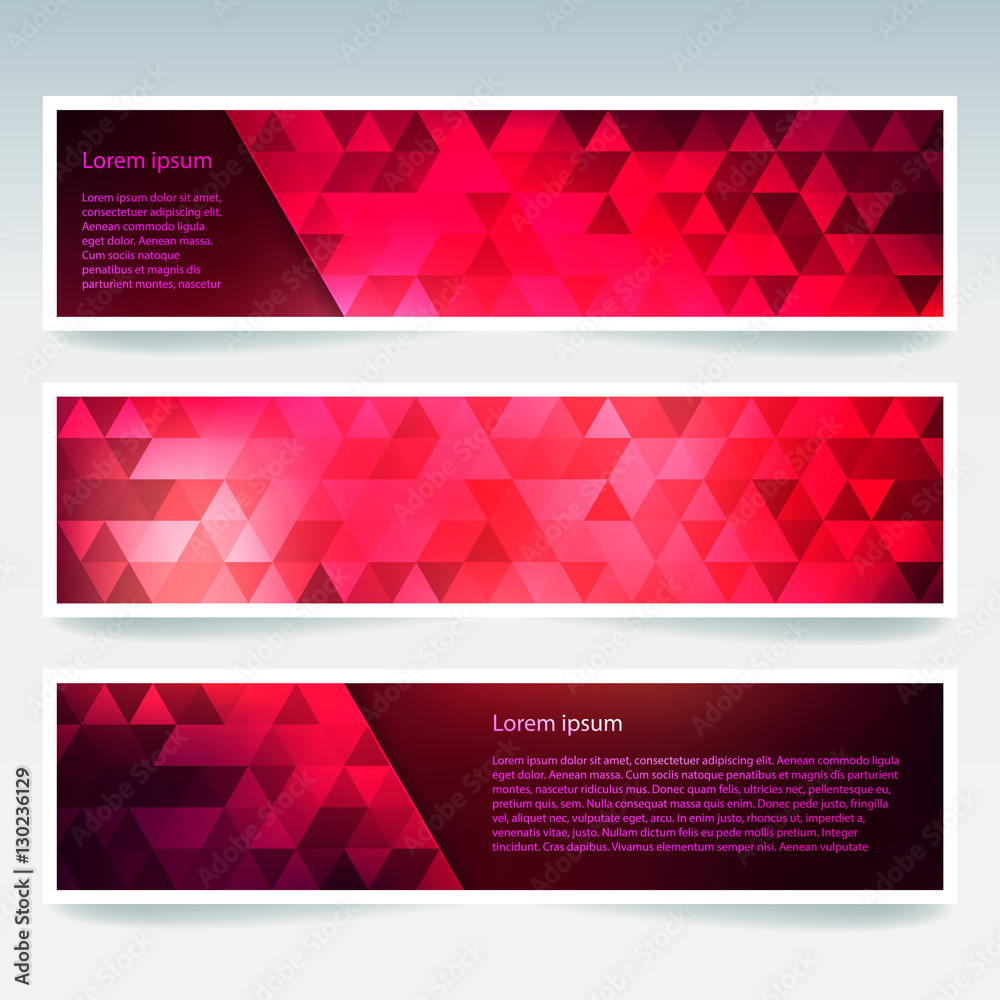 Vector banners set with red polygonal abstract triangles. Abstract polygonal low poly banners.