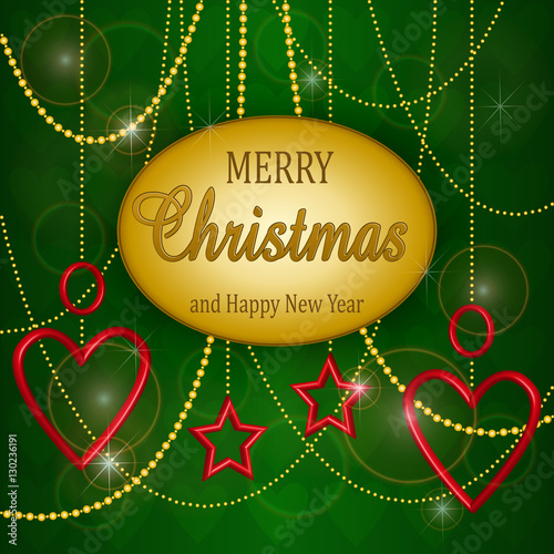 Red Christmas tree decorations on a green background, with text