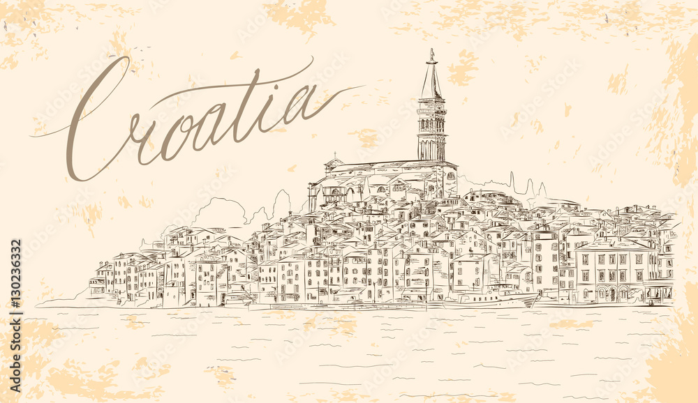 Rovinj View. EPS 10 Vector Sketch. Medieval Mediterranean Town in Croatia, Europe. Popular Tourist Resort of Istria at Adriatic Sea. Vintage Styled Illustration.