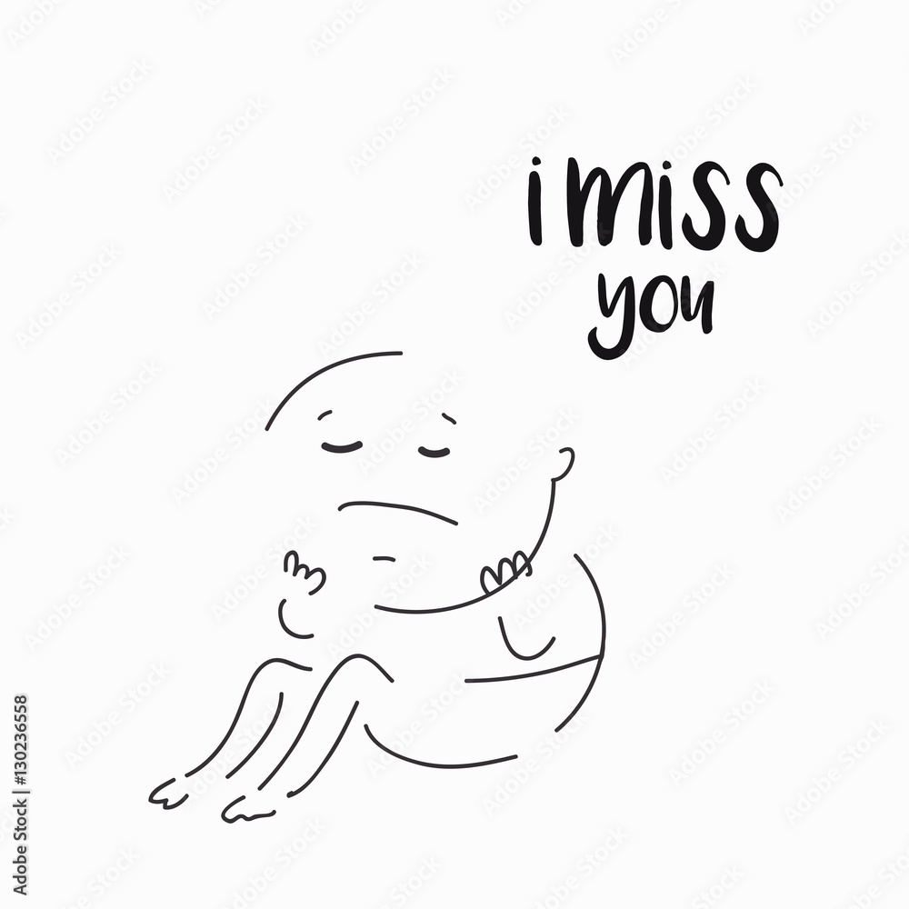 vector card, banner, script lettering I miss you, man cartoon doodle drawn  by hand, fine lines, with a sad expression on his face, saying emotions,  feelings, print on T-shirt Stock Vector |