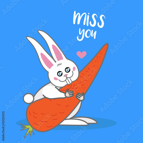 vector card, banner lettering letters I miss you, cartoon cute rabbit with carrot and adoring eyes, saying emotions, feelings, print on T-shirt