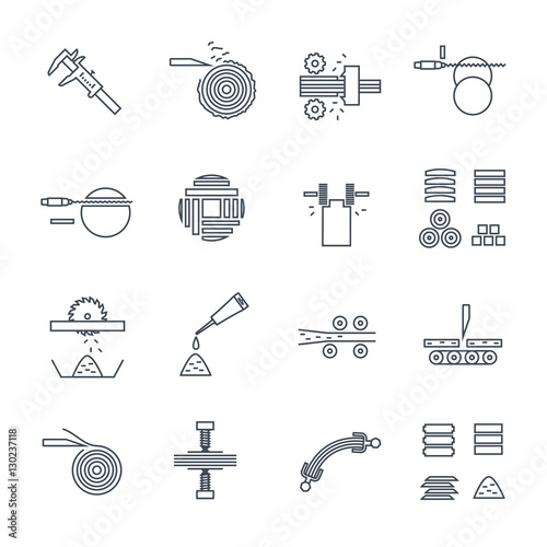set of thin line icons manufacture of wood production process