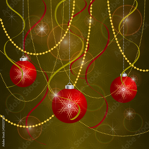 Red Christmas tree decorations on a gold background