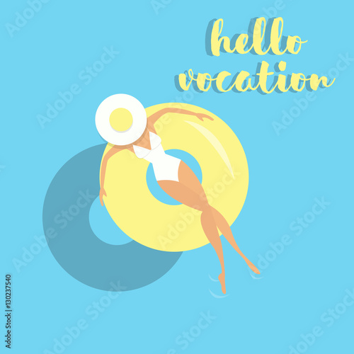 Girl with lifebuoy floating on water, vector illustration. hello vocation postcard