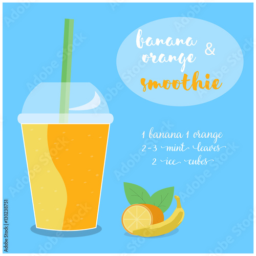 Vector illustration of Banana and Orange Smoothie recipe with ingredients. 