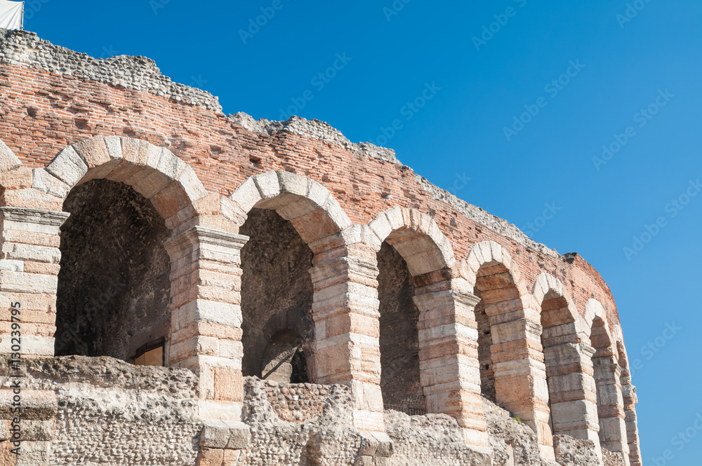 Landmarks of Verona: partial view of the famous amphitheater Arena