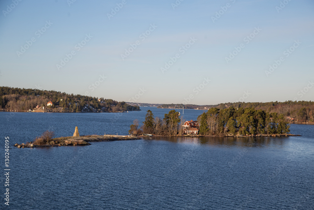 A view from the sea to Sweden archipelago near Stockholm in the winter.