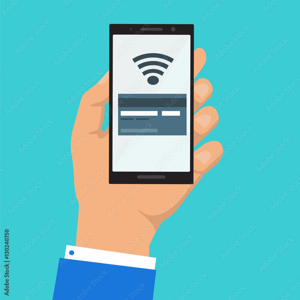 Mobile credit card payment hand holding phone. Mobile credit card payment hand holding phone.