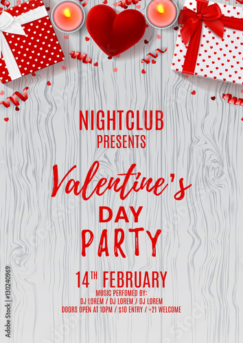 Happy Valentine's Day party flyer. Top view on gift boxes and red case for ring. Beautiful backdrop with candles and serpentine on wooden texture. Vector illustration. Invitation to nightclub.