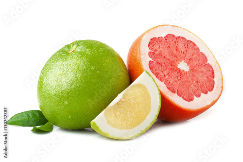 Ripe juicy green and red grapefruit with leaf  on white backgroud