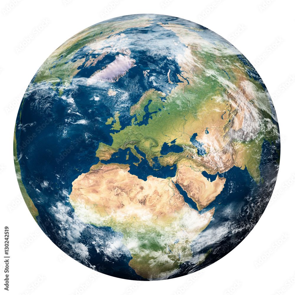 Fototapeta premium Planeta Ziemia z chmurami, Europą i częścią Azji i Afryki - Planeta Ziemia z chmurami, Europa i część Azji i Afryki