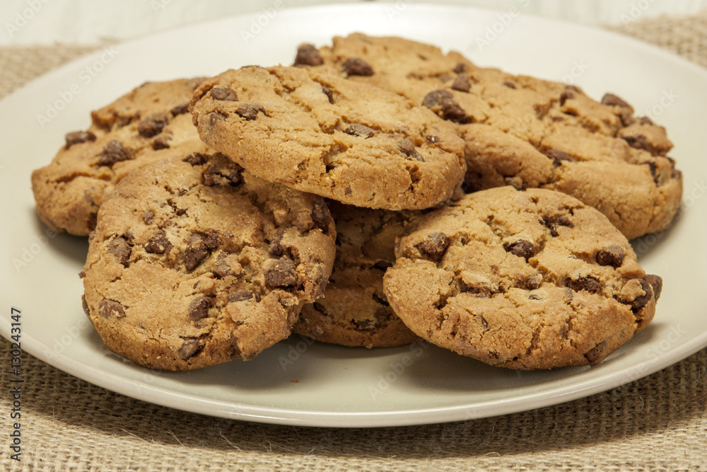 Closeup of chocolate chips cookies on plate