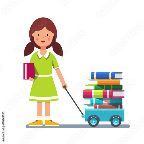 School girl pulling wagon cart with pile of books