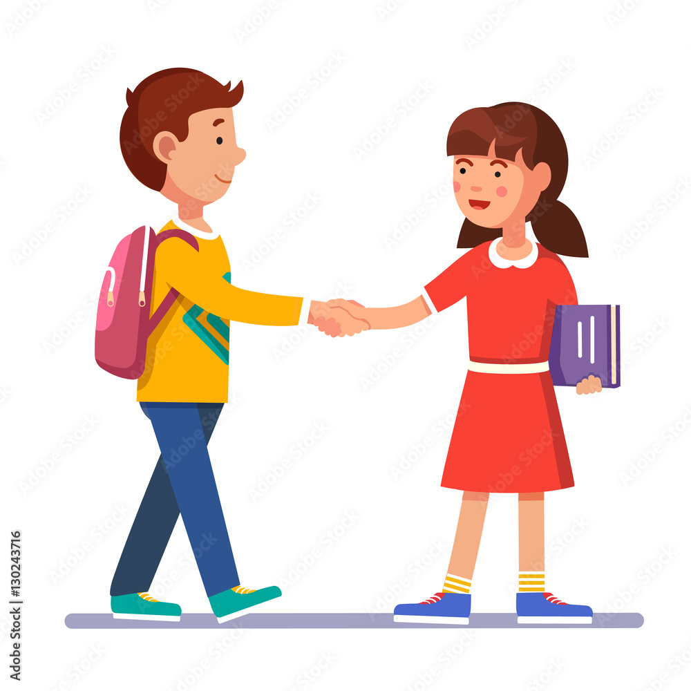 Boy and girl shaking hands making peace